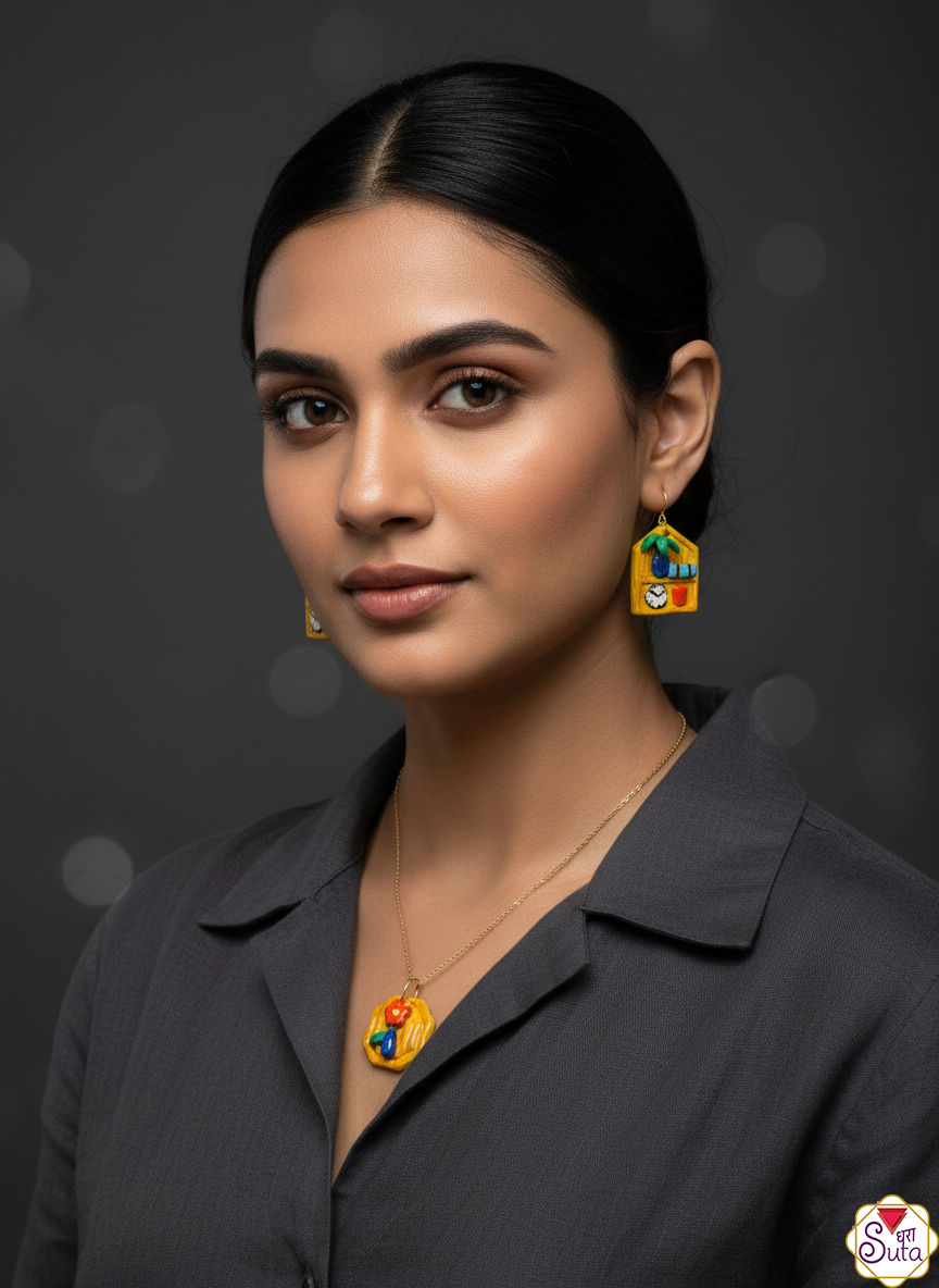 Handcrafted Terracotta Miniature Kitchen Shelf & Floral Pendant Necklace with Matching Earrings Set