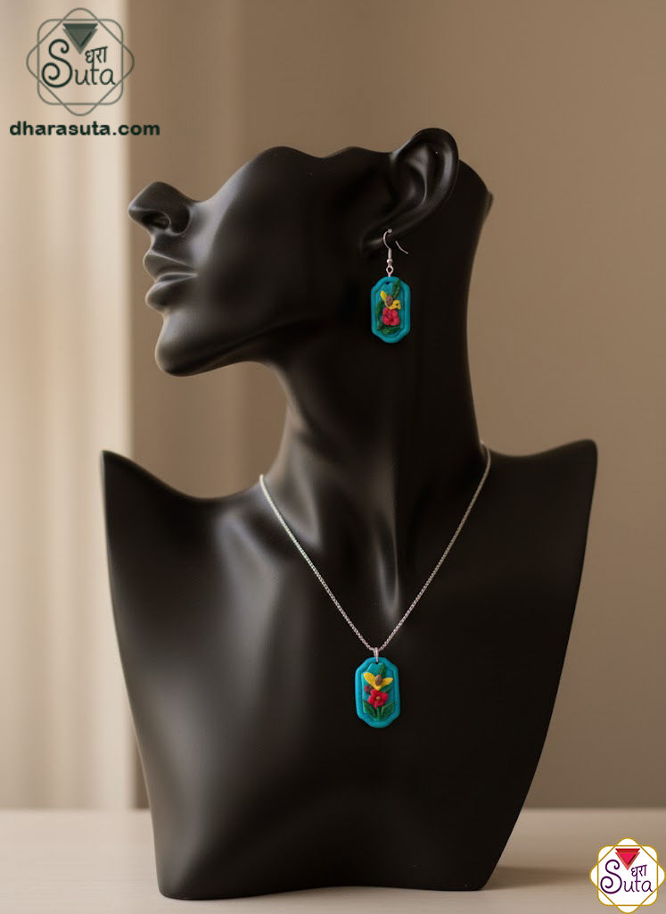 Handcrafted Blue Arch Window Bird & Flower Polymer Clay Jewelry Set - Whimsical Pendant & Earing