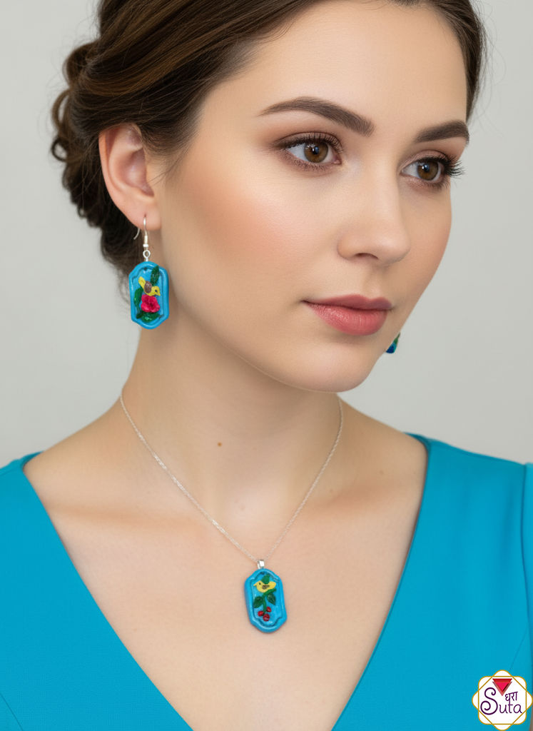 Handcrafted Blue Arch Window Bird & Flower Polymer Clay Jewelry Set - Whimsical Pendant & Earing