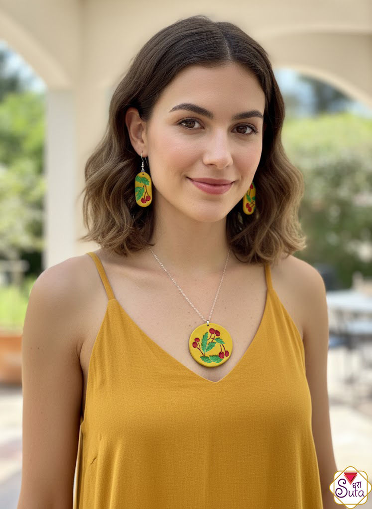 Handcrafted Cherry Blossom Jewelry Set - Yellow Circle Pendant Necklace & Dangling Earr