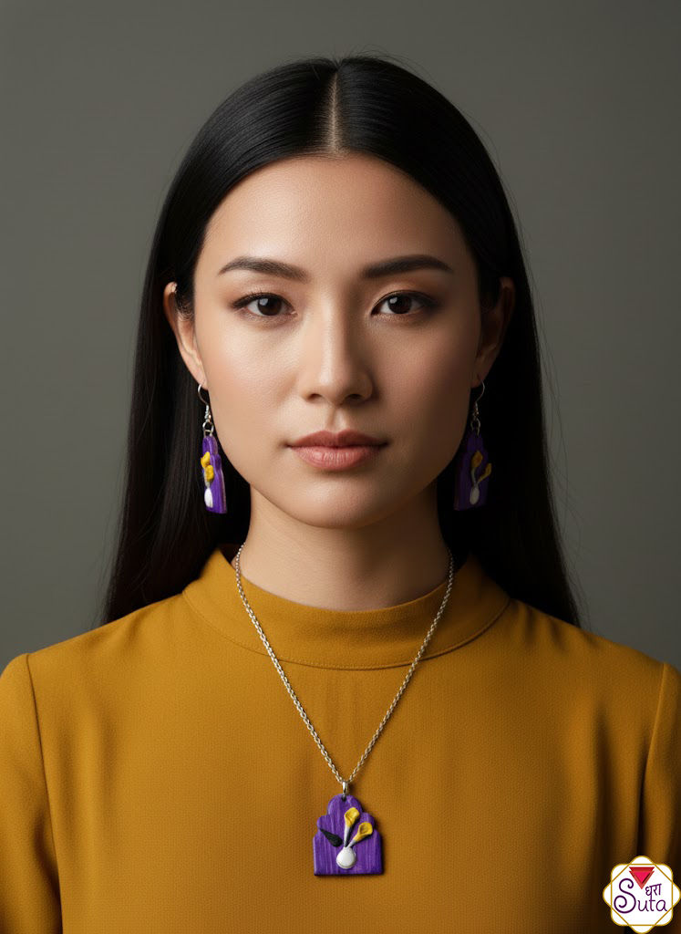 Handcrafted Purple and Yellow Floral Polymer Clay Jewelry Set - Necklace and Earrings
