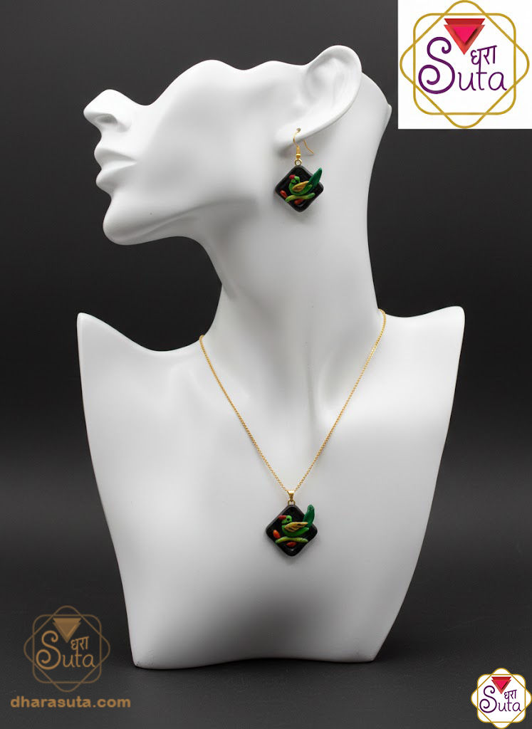 Handcrafted Green Leaf & Black Diamond Shape Pendant Necklace and Earring Set | Elegant E
