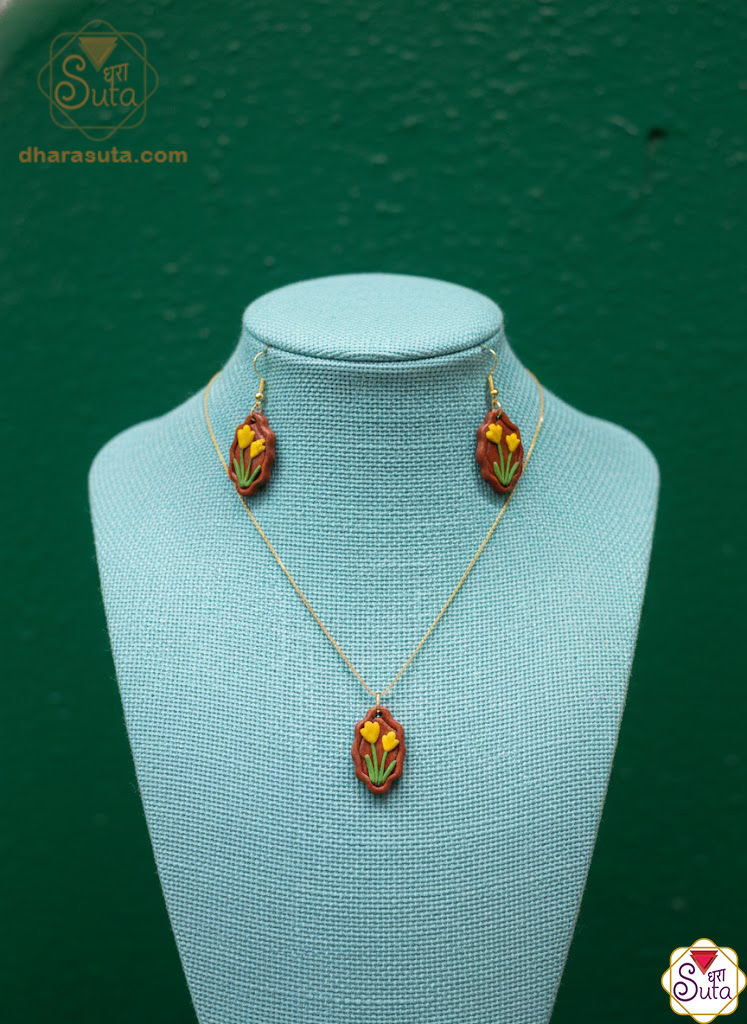Dharasuta Handcrafted Terracotta Floral Pendant Necklace and Earring Set – Earthy Brown with Vibrant