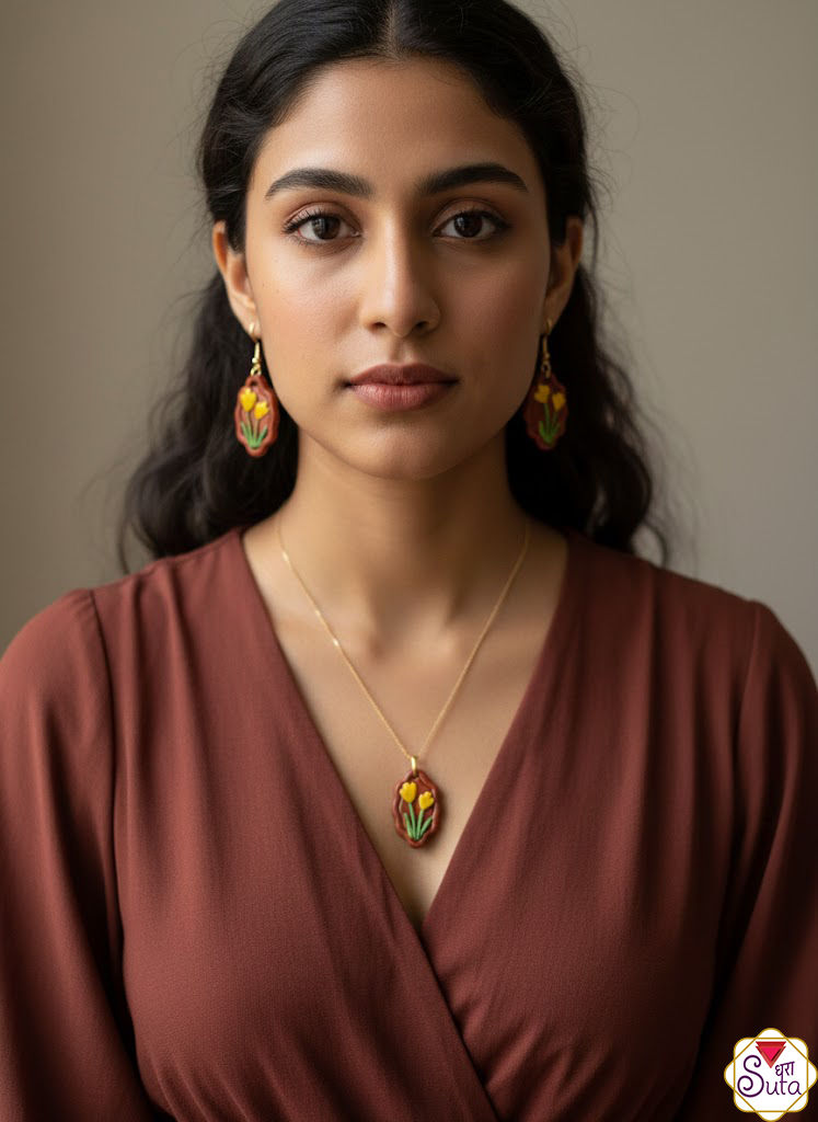 Dharasuta Handcrafted Terracotta Floral Pendant Necklace and Earring Set – Earthy Brown with Vibrant