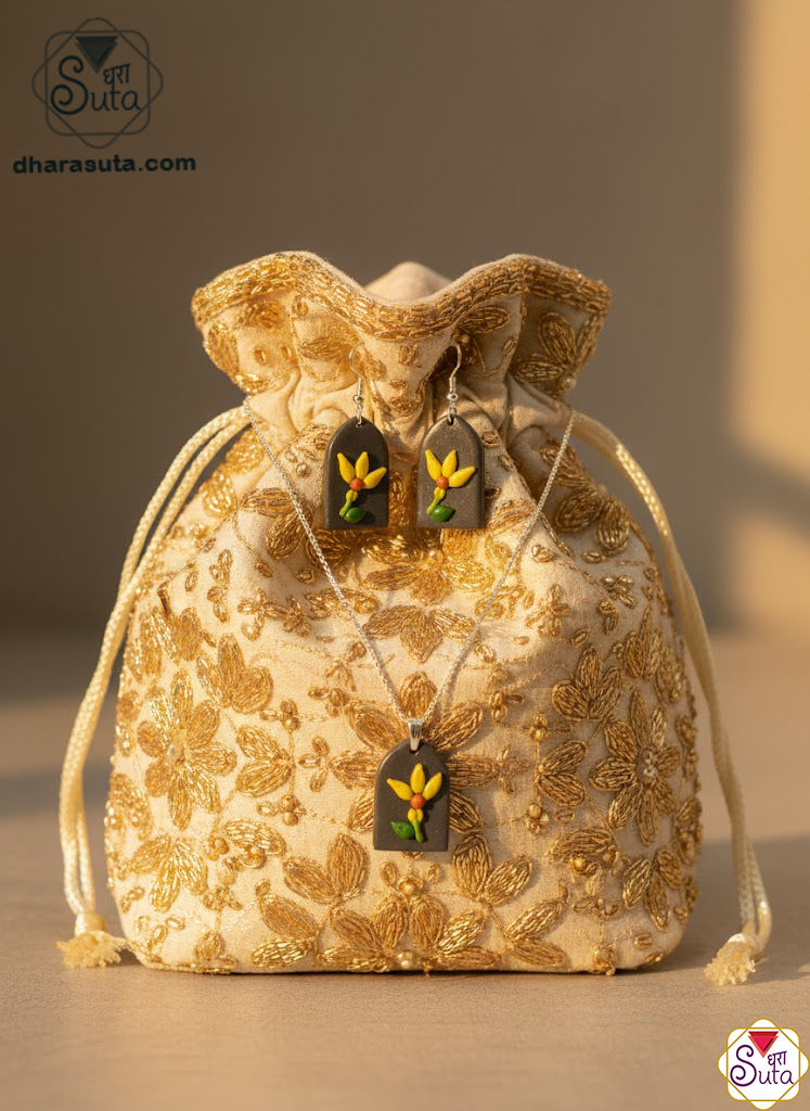 DharaSuta Earthy Floral Clay Pendant Necklace and Earring Set