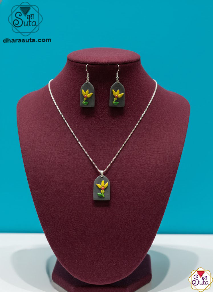 DharaSuta Earthy Floral Clay Pendant Necklace and Earring Set