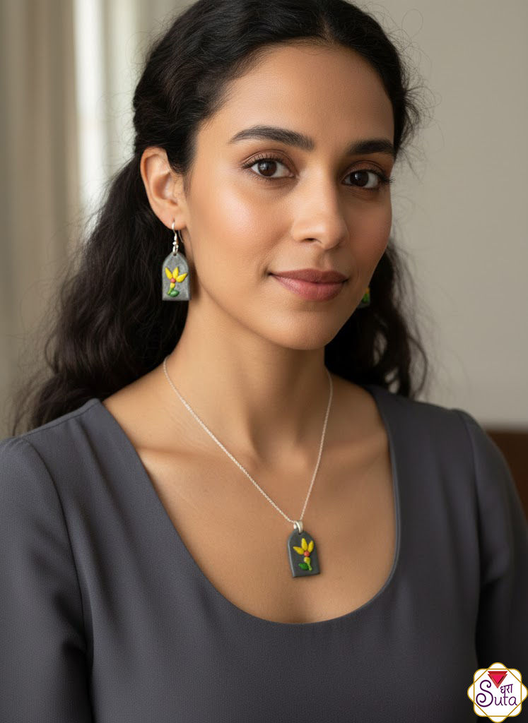 DharaSuta Earthy Floral Clay Pendant Necklace and Earring Set