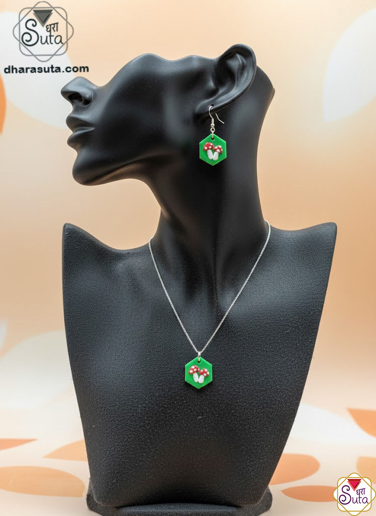 Handcrafted Polymer Clay Hexagonal Mushroom Jewelry Set - Green Amanita Muscaria Statement Earrings 
