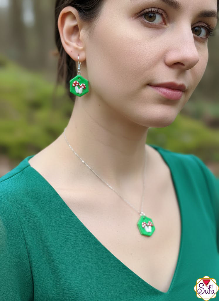 Handcrafted Polymer Clay Hexagonal Mushroom Jewelry Set - Green Amanita Muscaria Statement Earrings 