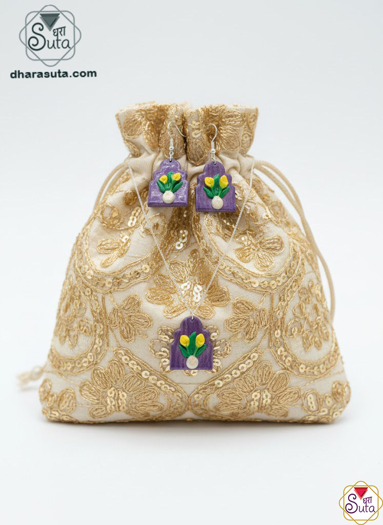 Handcrafted Violet Floral Arch Pendant & Earring Set – Artisan Polymer Clay Jewelry by Dharasuta