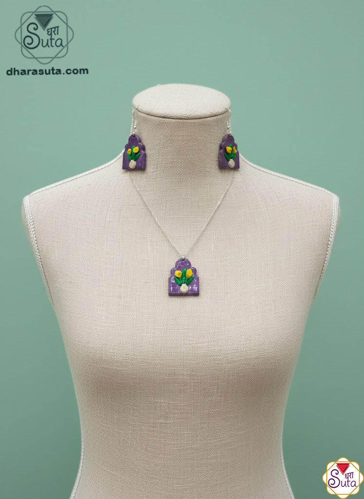 Handcrafted Violet Floral Arch Pendant & Earring Set – Artisan Polymer Clay Jewelry by Dharasuta