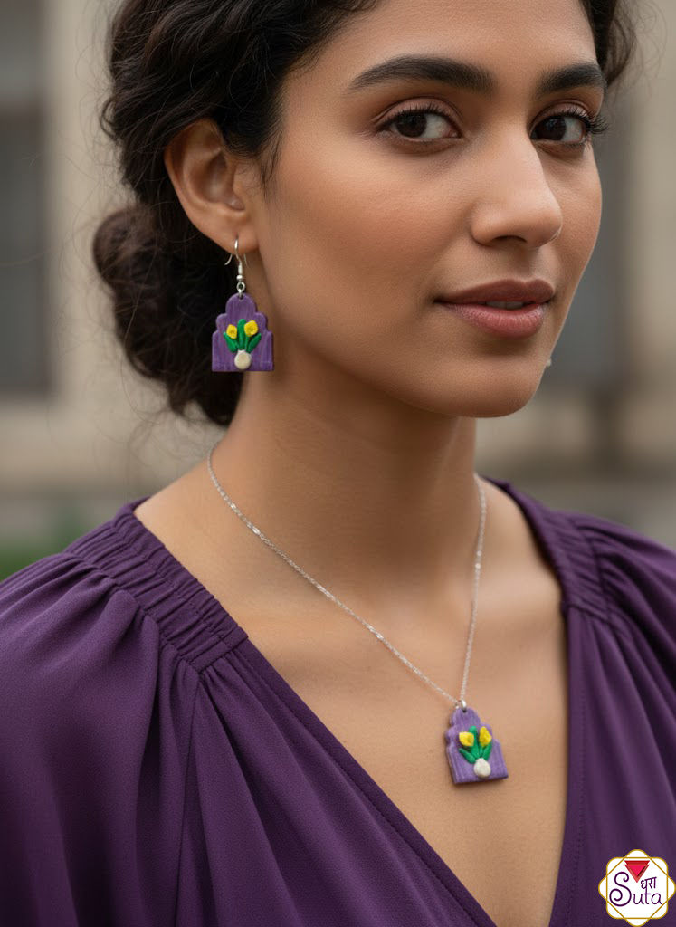 Handcrafted Violet Floral Arch Pendant & Earring Set – Artisan Polymer Clay Jewelry by Dharasuta