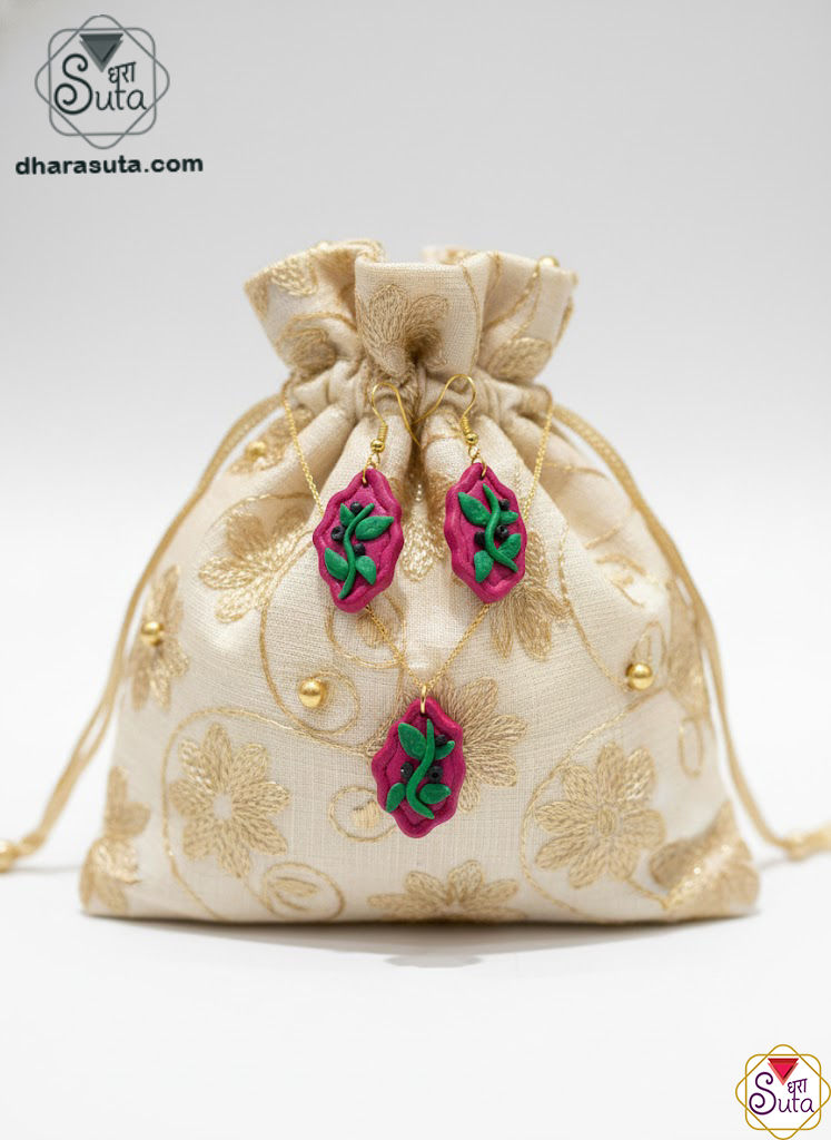 Handcrafted Terracotta Floral Jewelry Set – Magenta & Green Vine Necklace and Earrings Set