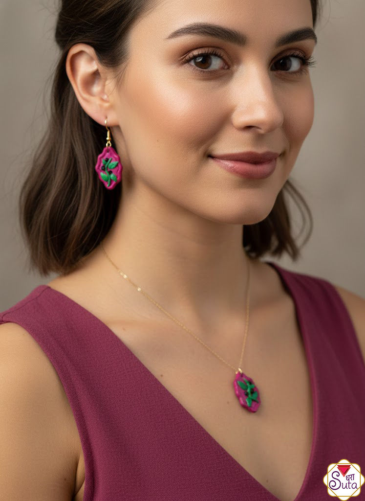 Handcrafted Terracotta Floral Jewelry Set – Magenta & Green Vine Necklace and Earrings Set