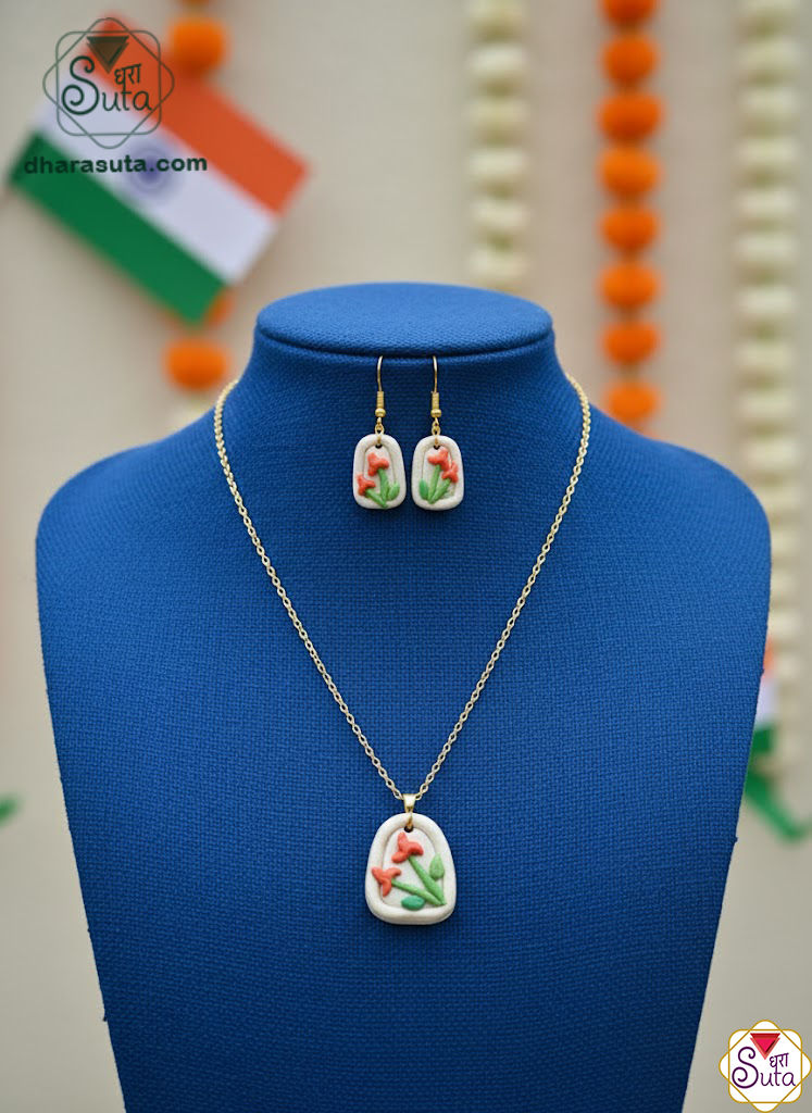 Handcrafted Patriotic Tricolor Floral Terracotta & Polymer Clay Pendant and Earrings Set