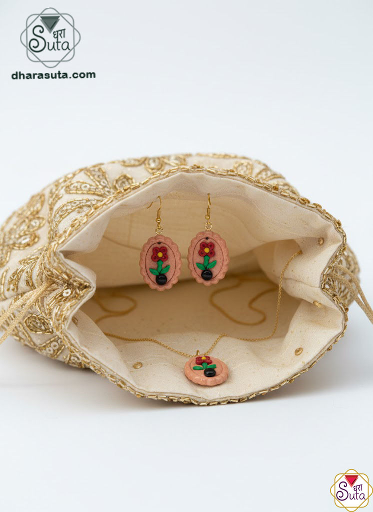 Handcrafted Floral Scalloped Terracotta & Polymer Clay Pendant and Earrings Set in Soft Peach