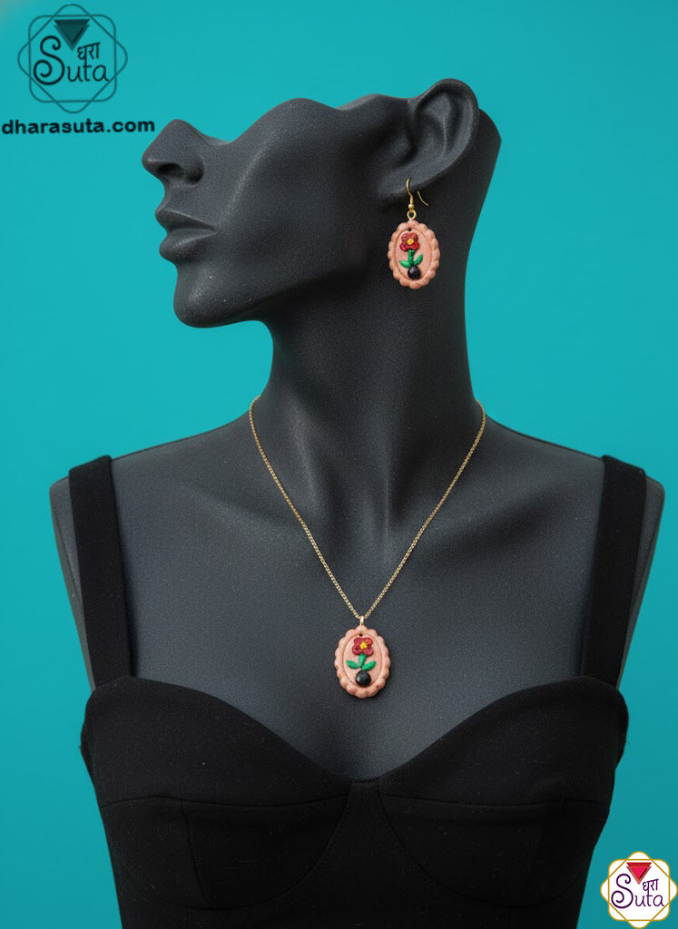 Handcrafted Floral Scalloped Terracotta & Polymer Clay Pendant and Earrings Set in Soft Peach