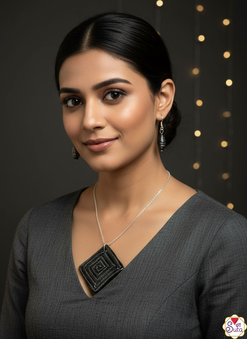Silver and black square shape modern western pendent (neckwear, necklace) with stylist earring
