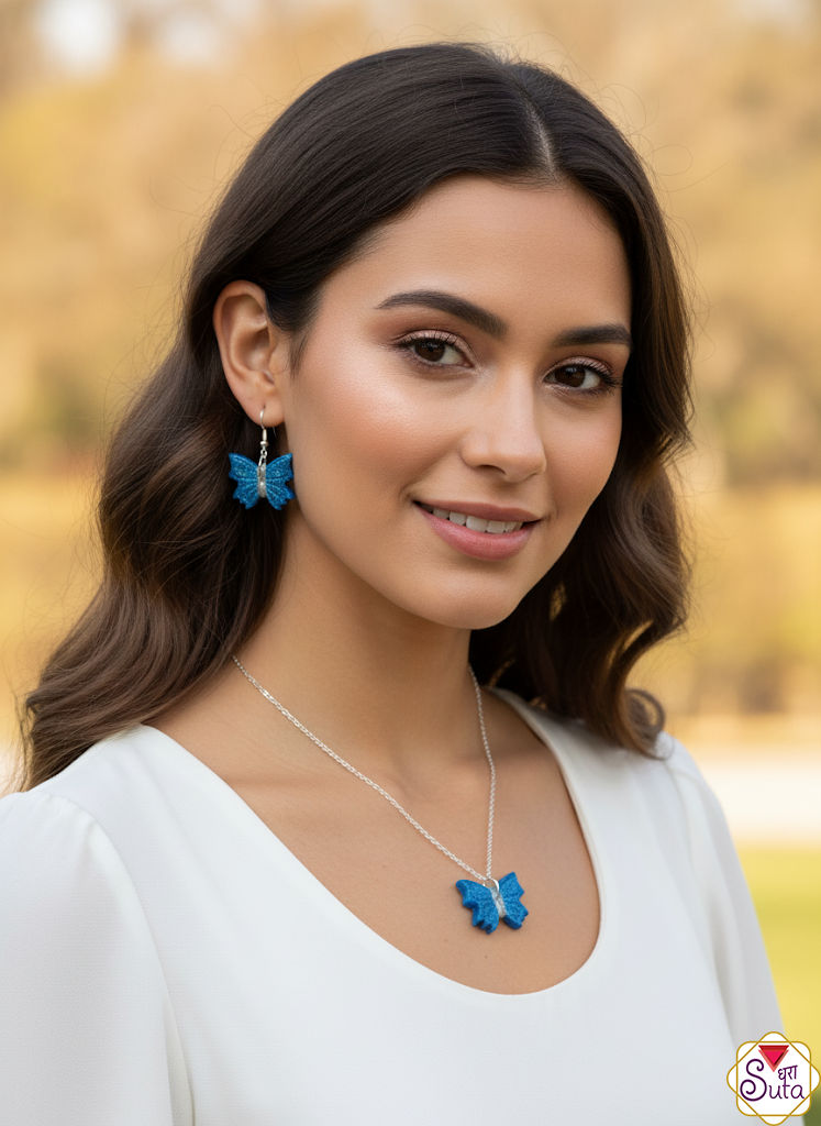 Enchanted Blue Glitter Butterfly Jewelry Set: Sparkling Dangle Earrings & Necklace Pendant - Silver 