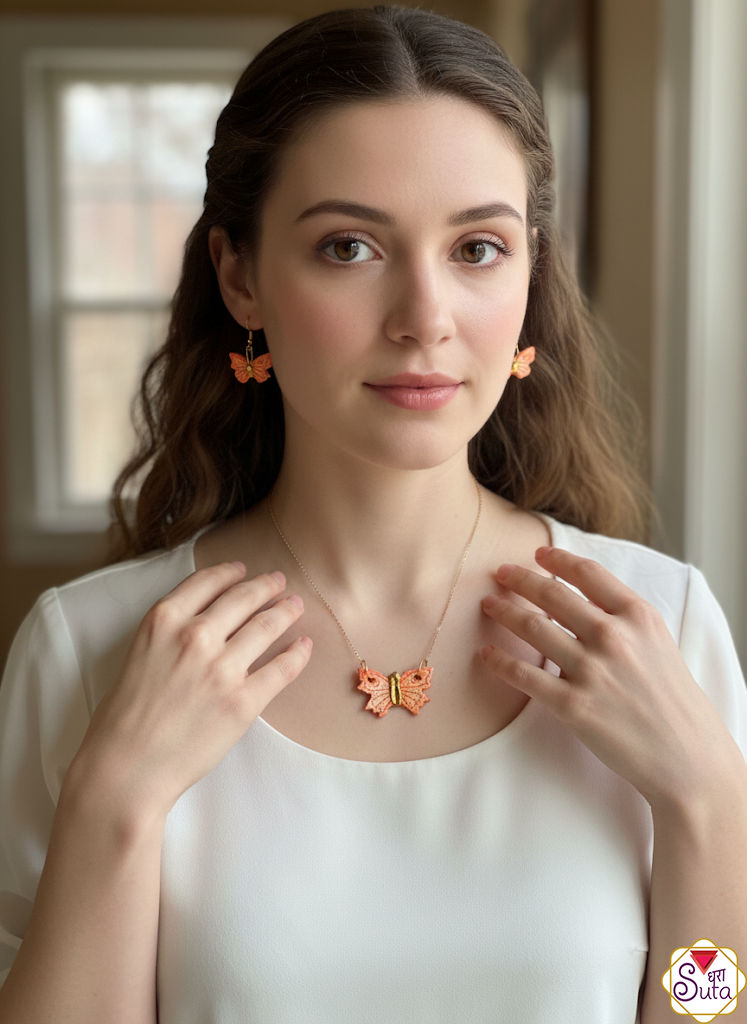 Exquisite Orange Enamel Butterfly Pendant Necklace & Matching Drop Earrings Set - Symbol of Transfor