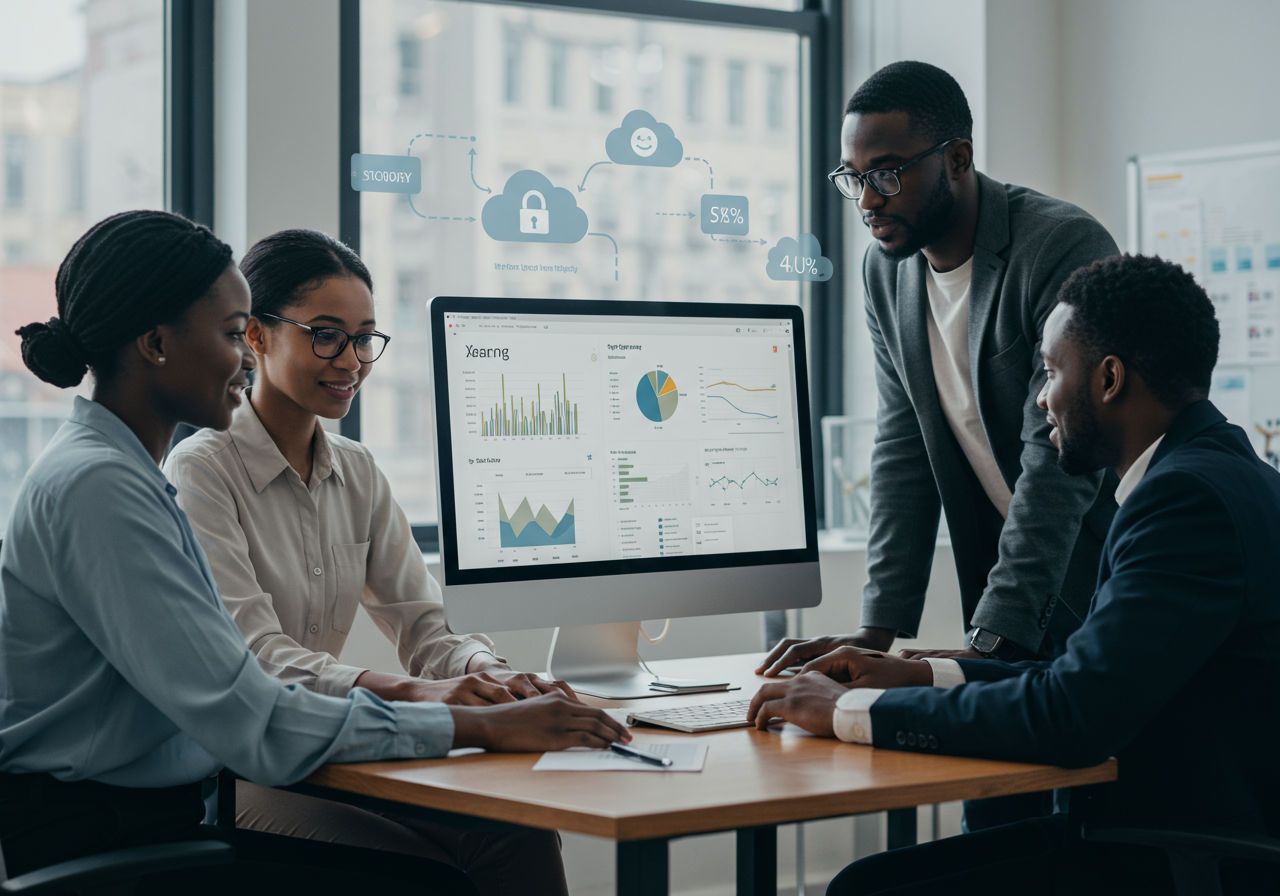 A modern business team collaborating in an office