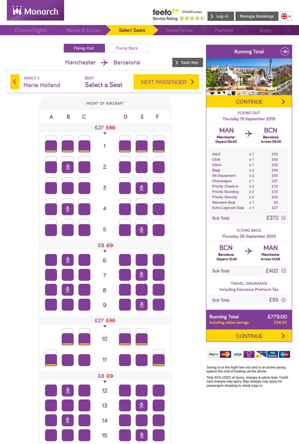 Monarch website choose seating page