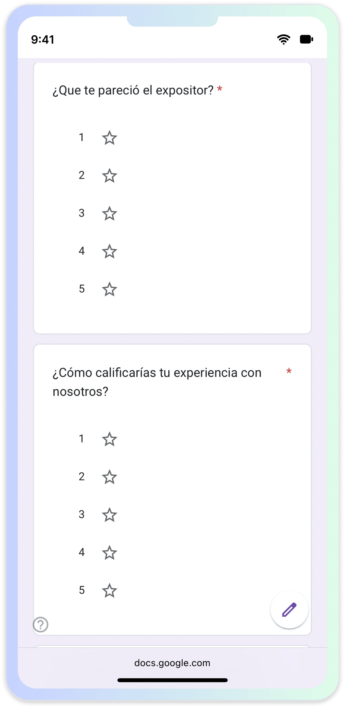 Captura en celular de una encuesta en Google Forms: dos preguntas para calificar con estrellas del 1 al 5 (“¿Qué te pareció el expositor?” y “¿Cómo calificarías tu experiencia con nosotros?”).