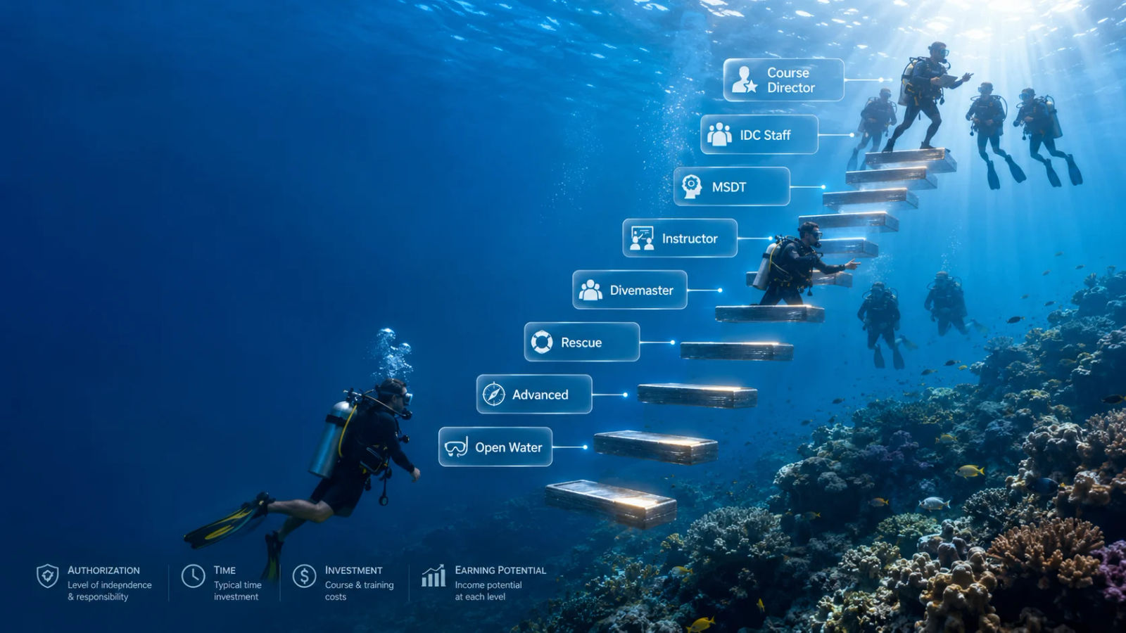Underwater illustration of the scuba career ladder: stepped platforms rising from Open Water through Advanced, Rescue, Divemaster, Instructor, MSDT and IDC Staff to Course Director, with divers ascending and a coral reef below