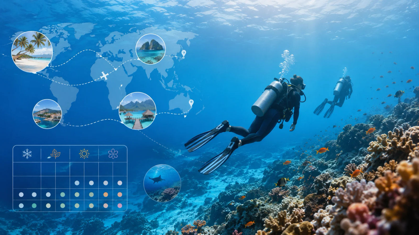 Two scuba divers exploring a coral reef, overlaid with a stylised world map and a seasonal calendar showing dive destinations and their peak months
