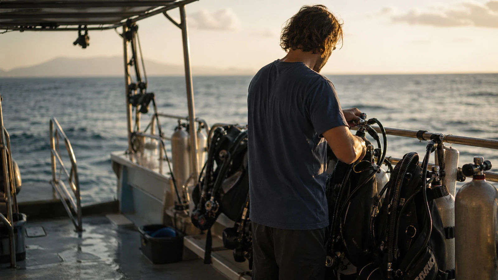 A divemaster preparing dive equipment on the deck of a dive boat at golden hour