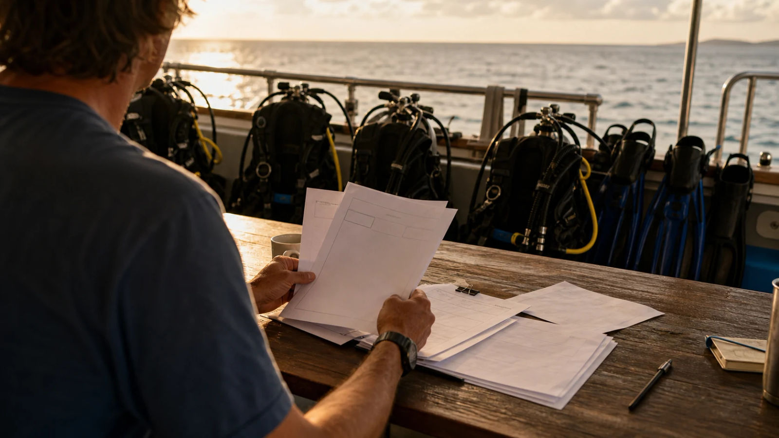 A dive shop owner reviewing instructor applications at a table on a dive boat surrounded by neatly organised dive gear