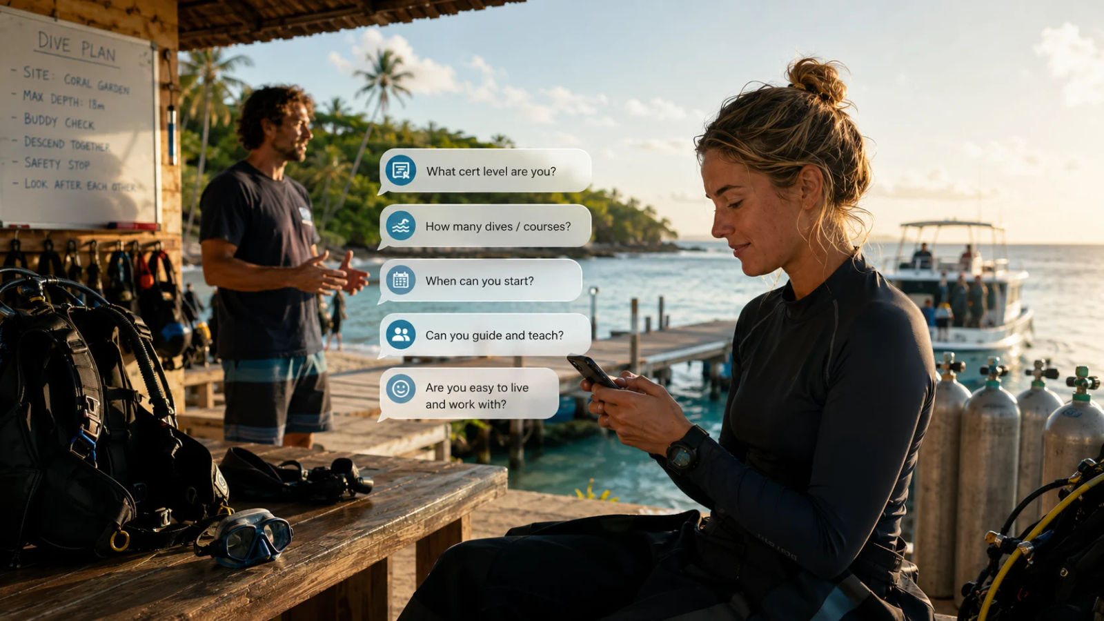 A dive professional sitting on a tropical dock taking a WhatsApp interview on her phone, with chat bubbles showing common dive interview questions and a dive shop, gear and boat in the background