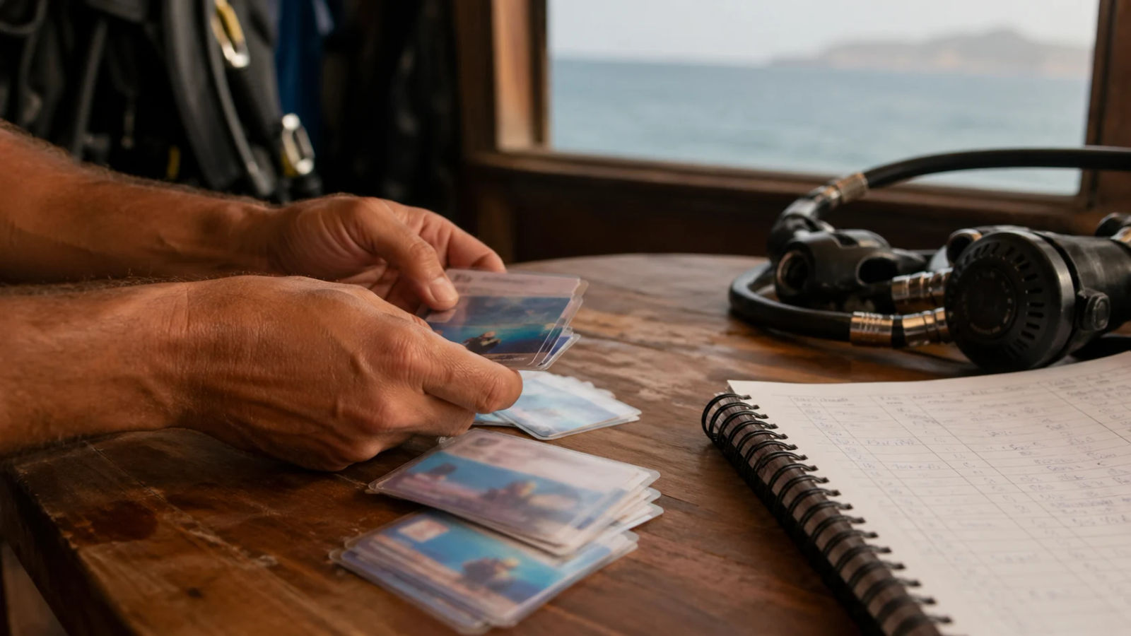 A divemaster's hands sorting through certification cards on a wooden table beside a logbook and regulator