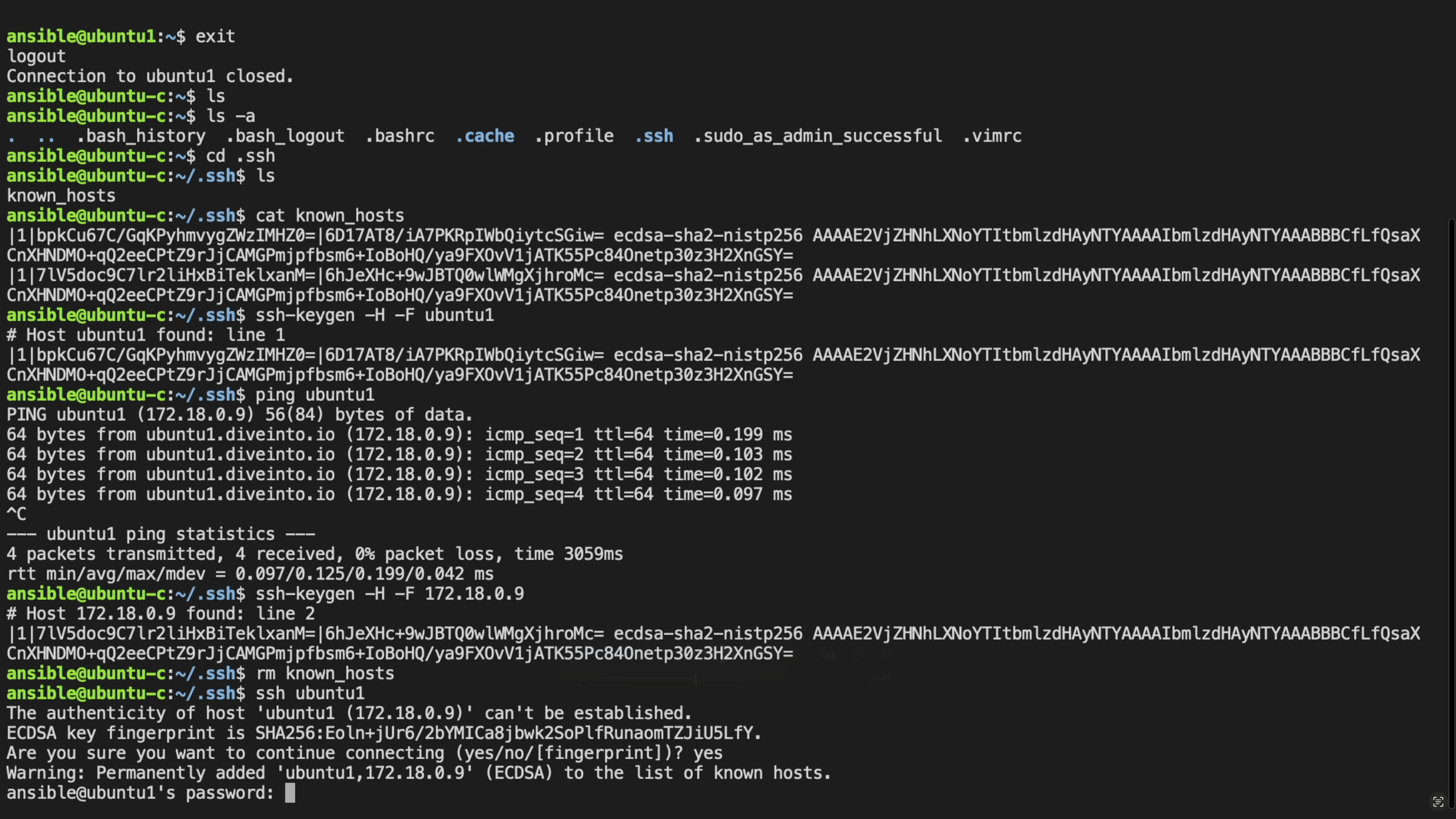 Hands-on terminal work demonstrating SSH operations and connectivity testing