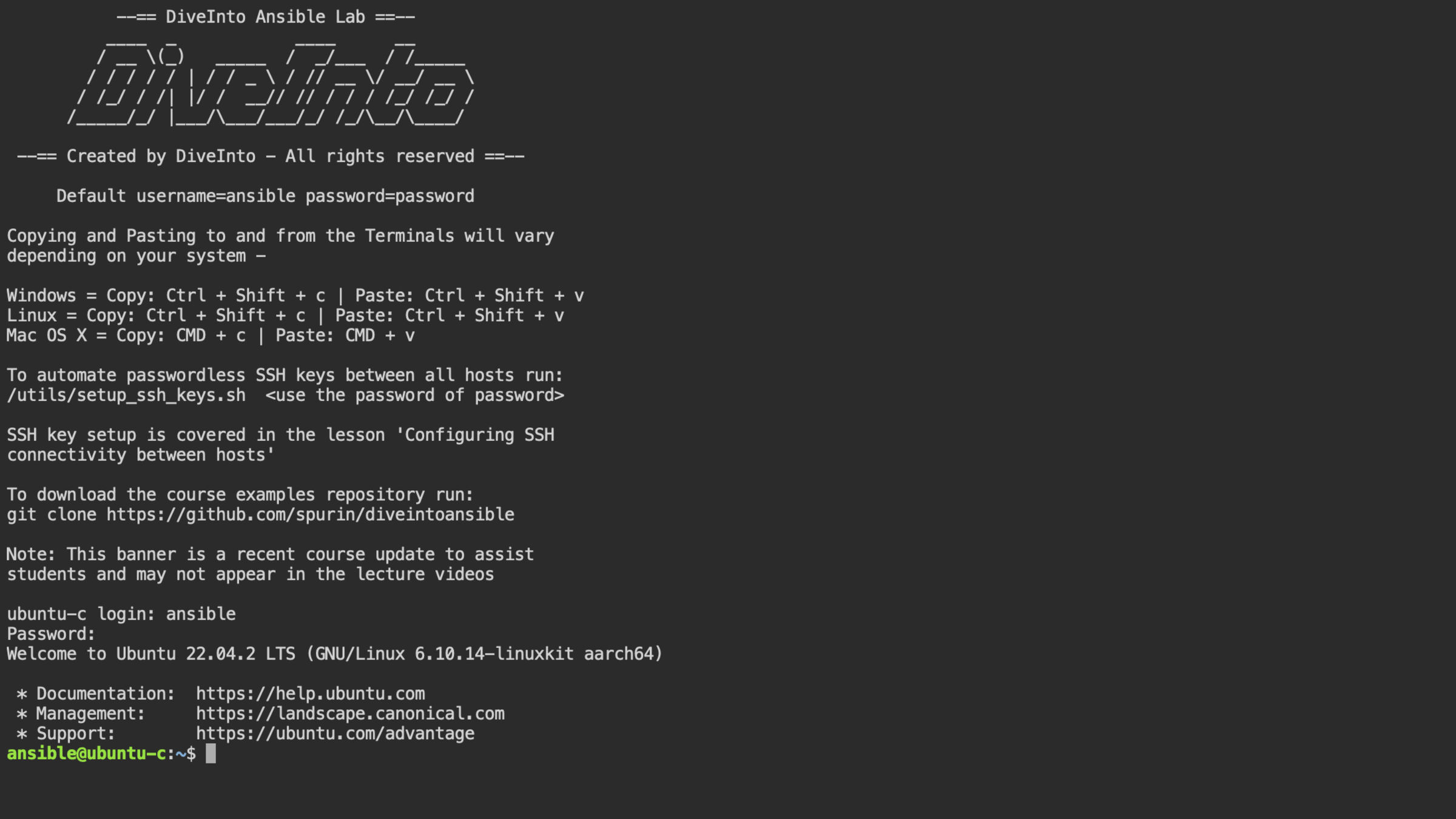 Welcome screen to the interactive Ansible lab environment with course navigation