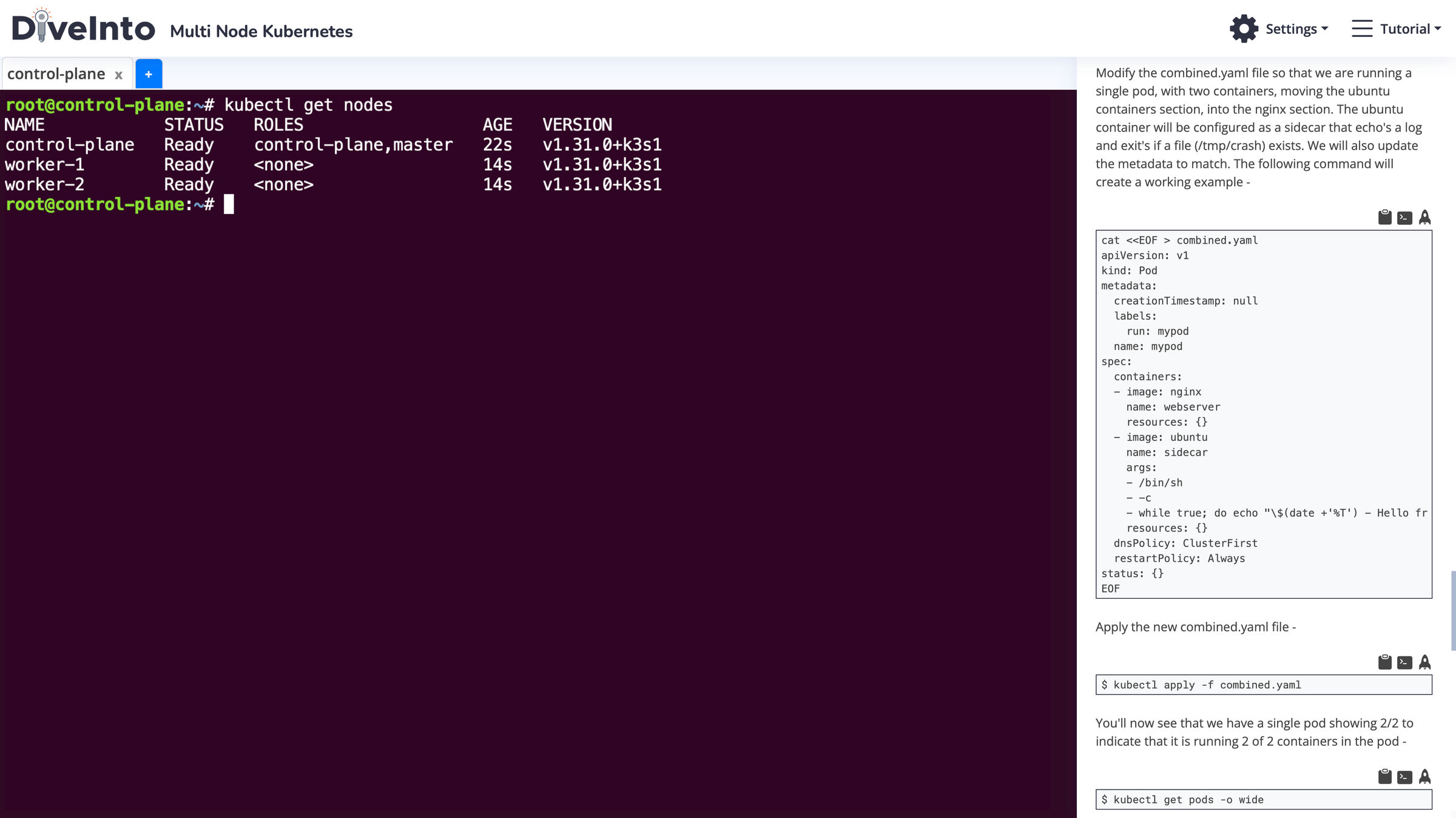 Interactive kubectl commands showing cluster nodes in browser terminal