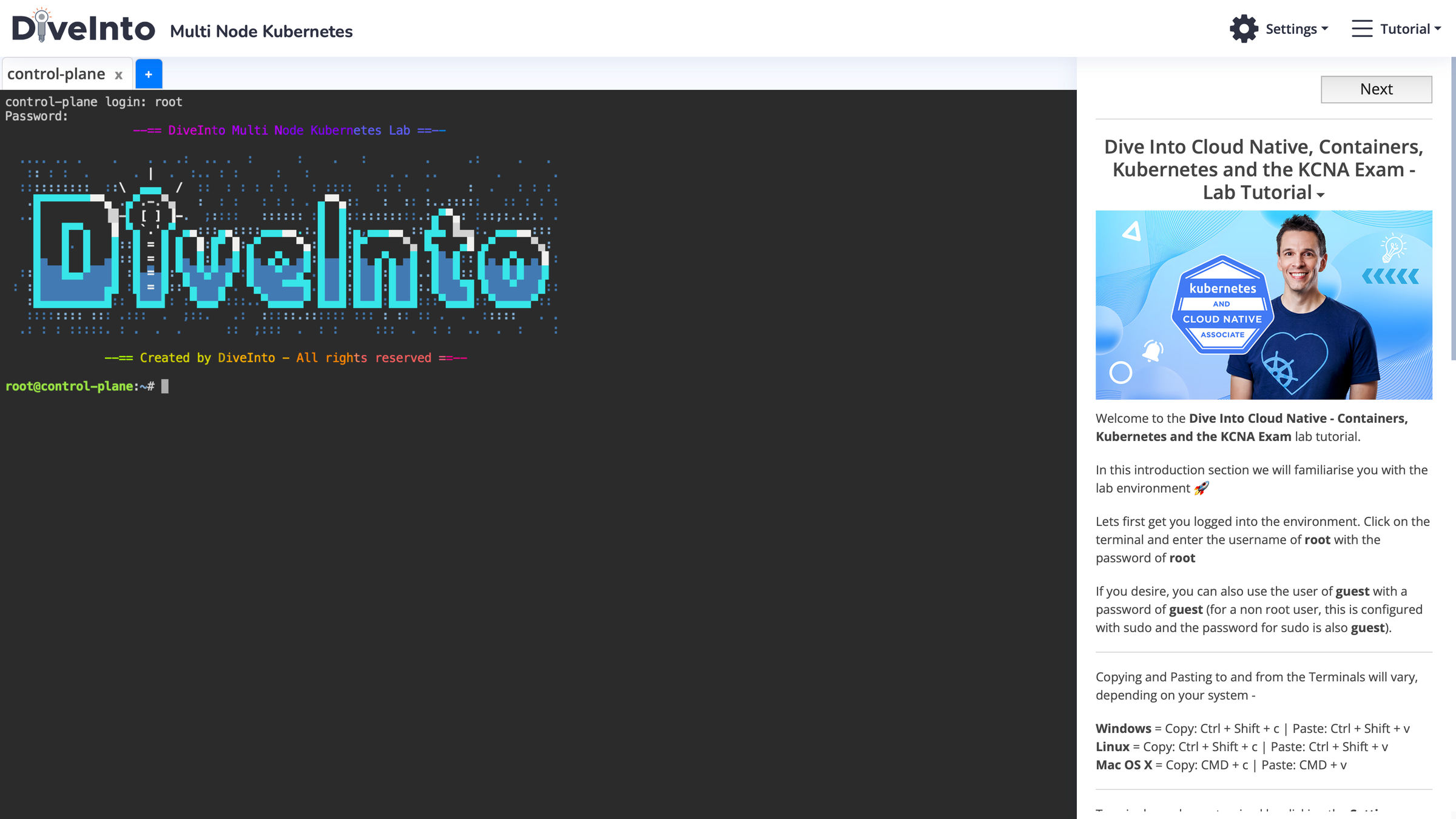 KCNA lab environment welcome screen with course navigation