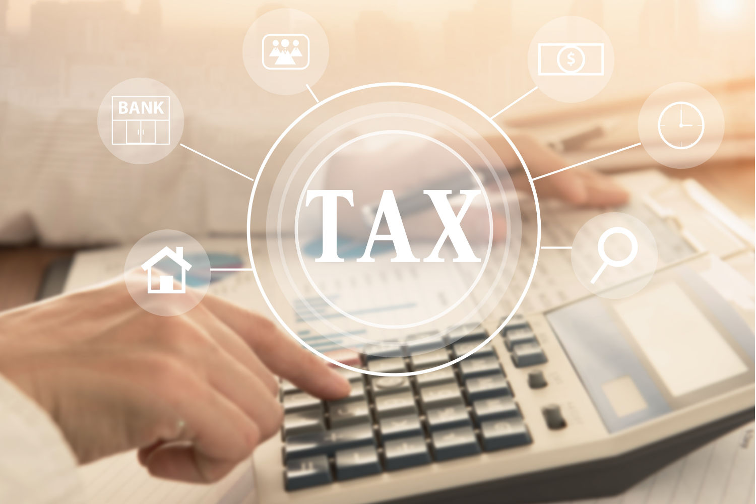 Graphic of calculator with tax icons around