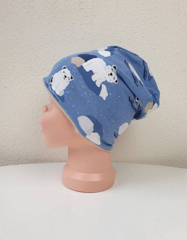 Wendemütze als Beanie oder Mütze blau mit Eisbär auf Eisscholle