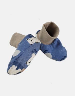 Baby-Schuhe blau mit Eisbär auf Eisscholle, gefüttert mit Nicki oder Teddy