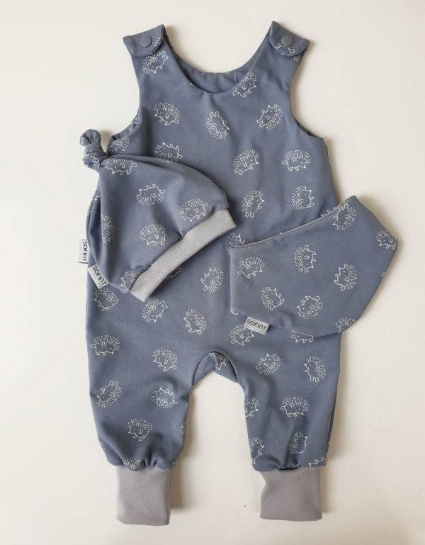 Strampler + Babymütze + Tuch blau mit Igel