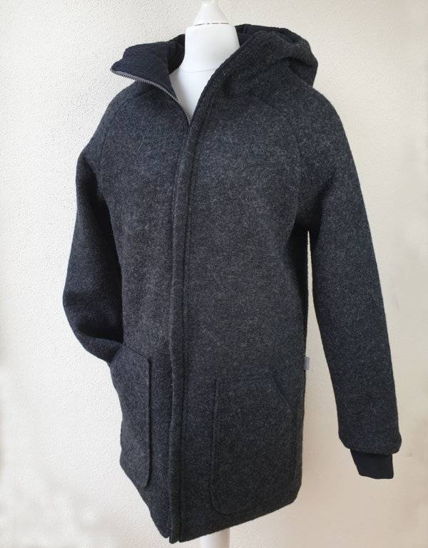 Damenmantel aus Walk grau-schwarz, Waffel-Jersey schwarz