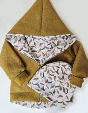 Walkjacke senf-gelb, Bio-Jersey beige mit Herbstblättern