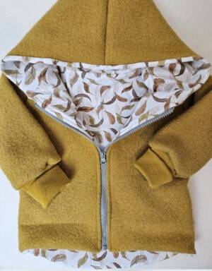 Walkjacke senf-gelb, Bio-Jersey beige mit Herbstblättern