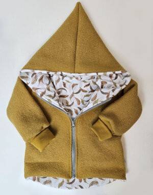Walkjacke senf-gelb, Bio-Jersey beige mit Herbstblättern