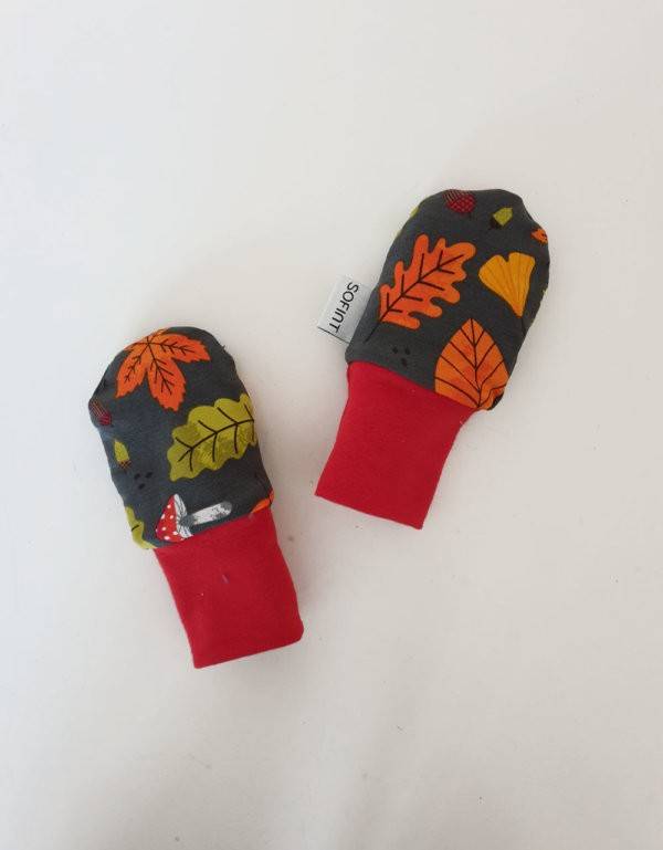 Handschuhe French Terry dunkelgrau mit Herbstblättern, Futter aus Teddy