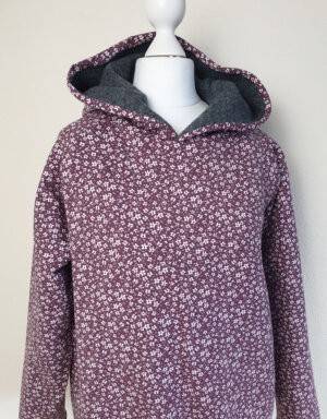 Damen Pullover / Hoodie aus Walk dunkelgrau, weinrot mit Blumen (tailliert)