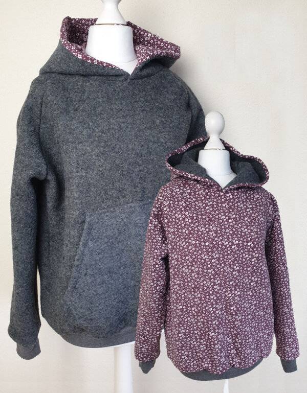 Damen Pullover / Hoodie aus Walk dunkelgrau, weinrot mit Blumen (tailliert)