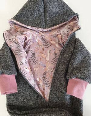 Walk-Anzug dunkelgrau meliert, Bio-Jersey rosa mit Fuchs, Reh und Waschbär