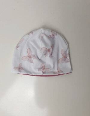 Wendemütze Bio-Jersey weiß mit rosa Schmetterlingen